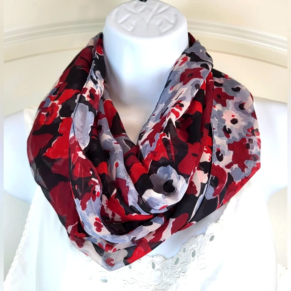Black, Red and White Floral Print Lightweight Scarf -  70" x 20" - Picture 3 of 8